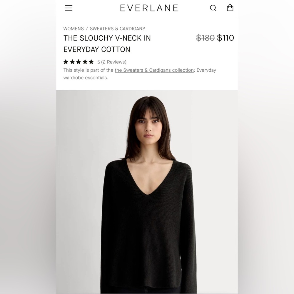 NWT Everlane Sz L “The Slouchy V-neck” 100% cotton, black